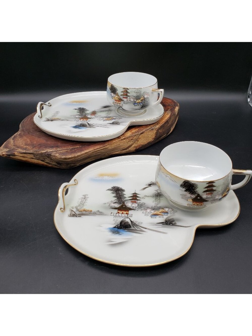 Vintage Hayasi Kutani Snack Set Pagoda Japan Cup & Tray Set of 2 Gold